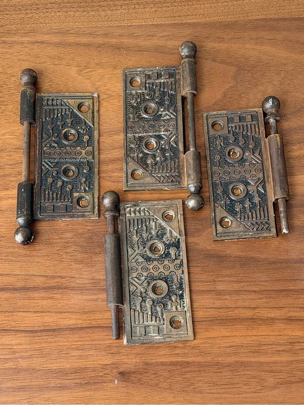 VTG Eastlake Ornate Cast Iron Hinges Pair w/ Ball Finial Pins Victorian Hardware